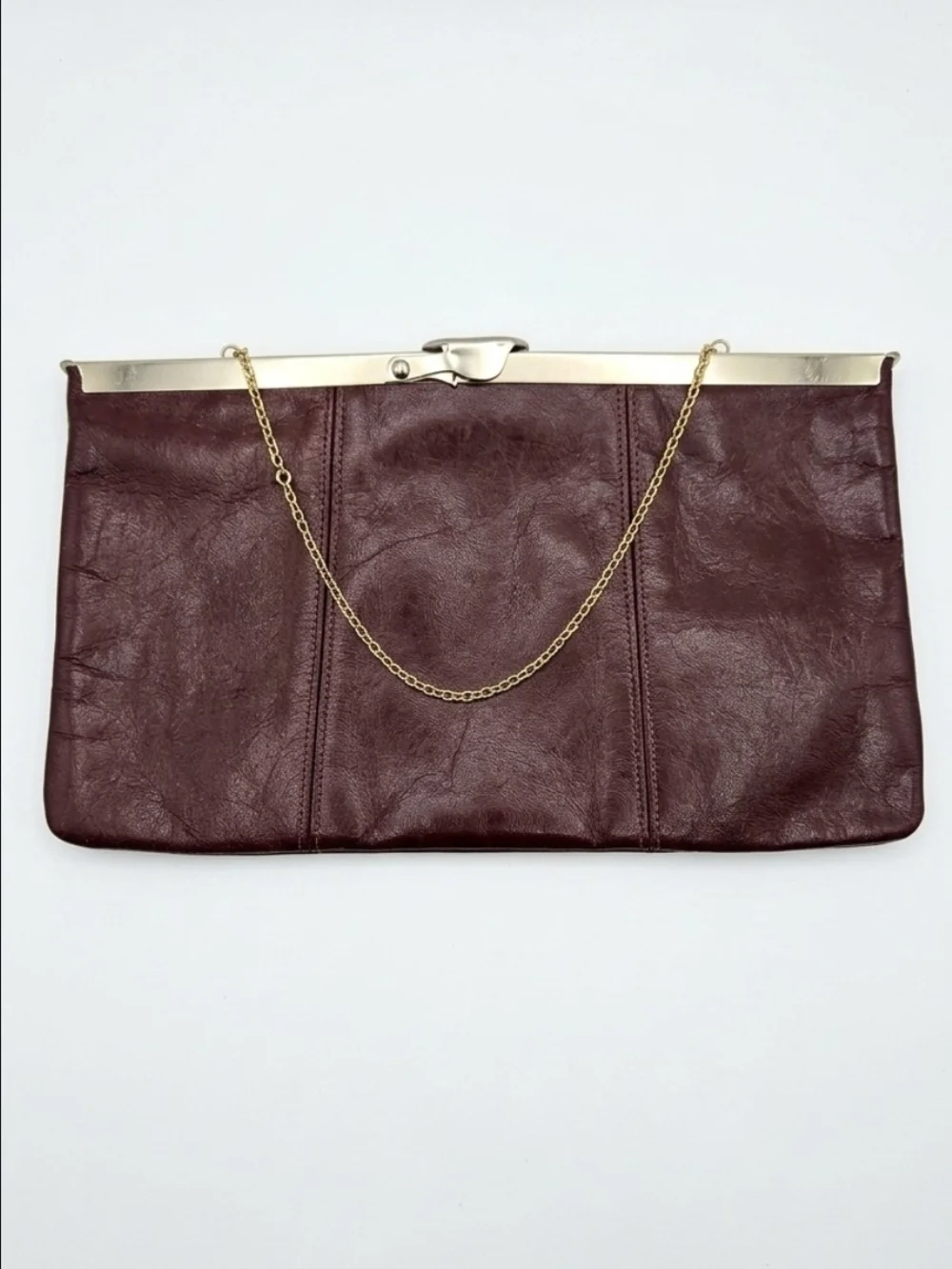 Vintage Etra Burgundy Leather Pop Open Clutch with Gold Chain